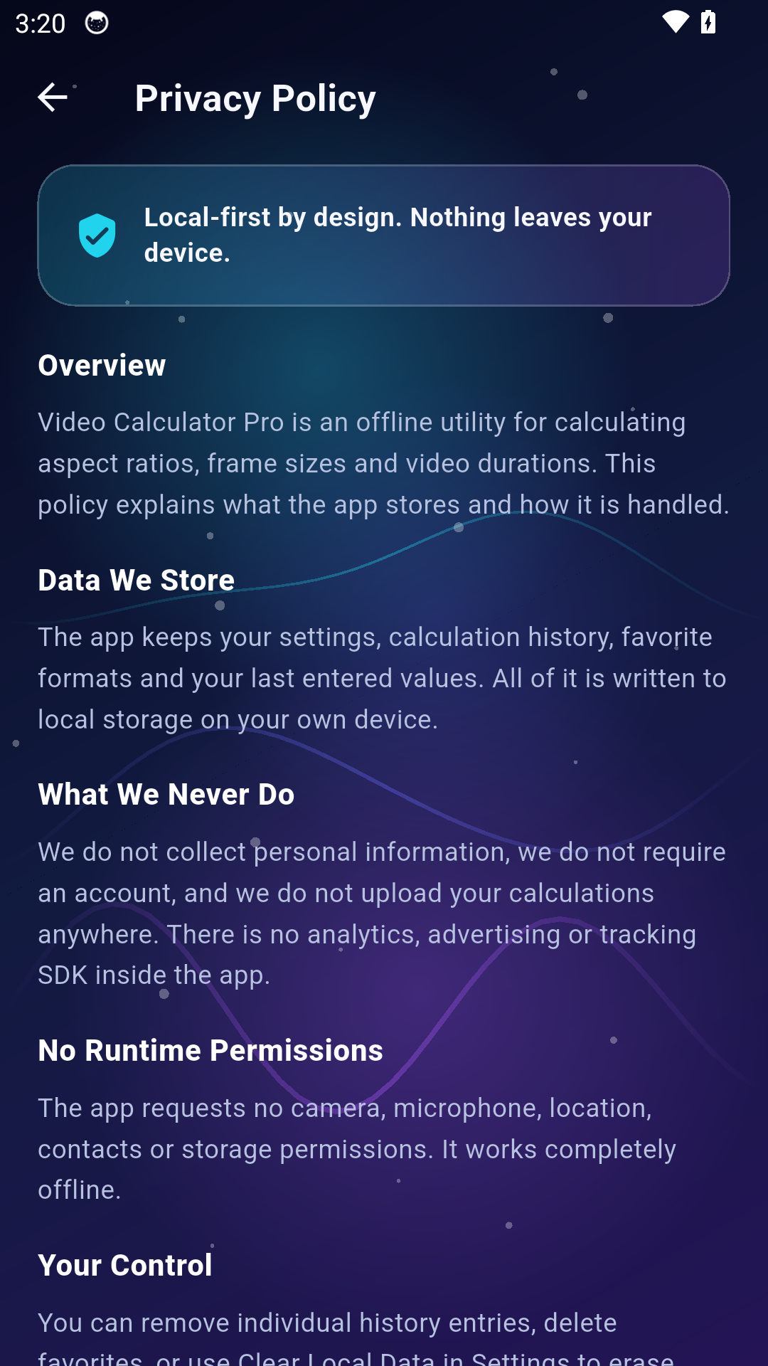 Privacy Policy screen in Video Calculator Pro